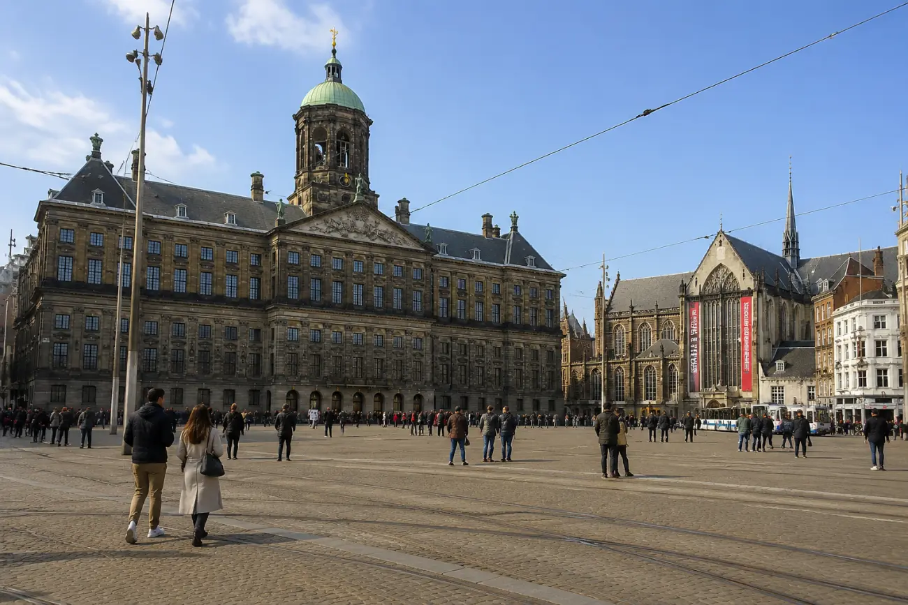 Dam Meydanı’nda Kraliyet Sarayı (Koninklijk Paleis) ve sağında Nieuwe Kerk, Amsterdam
