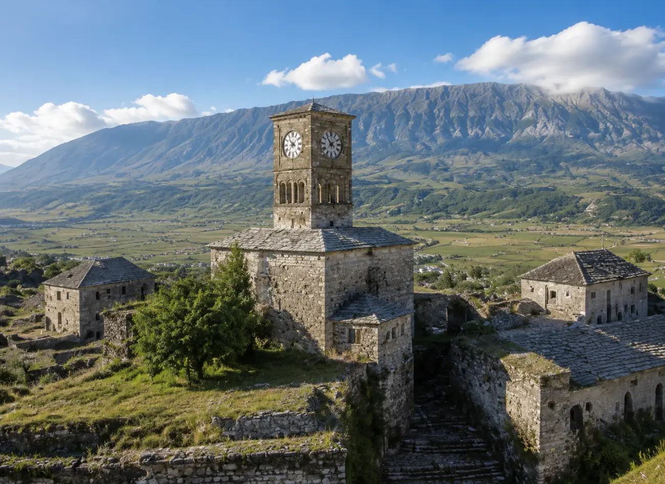 Gjirokastra Kalesi'nin saat kulesi ve arka planda dağlar
