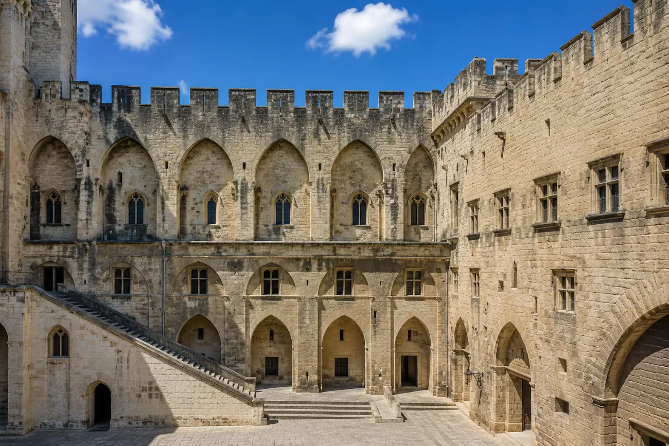 Papalık Sarayı'nın Cour d'Honneur (Ana Avlu) bölümü, gotik kemerli galeriler ve büyük taş merdiven