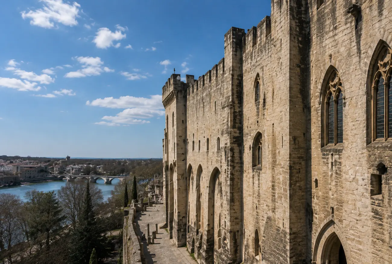 Papalık Sarayı'nın Rhône nehrine bakan surları ve arka planda yarım kalan Pont Saint-Bénézet köprüsü