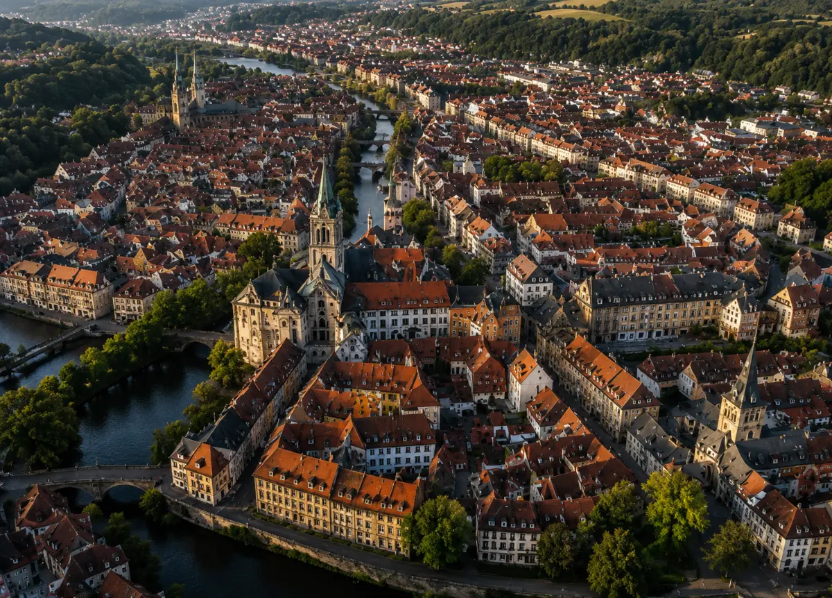 Bamberg eski şehrinin kuş bakışı görünümü, kırmızı çatılar ve Regnitz nehri