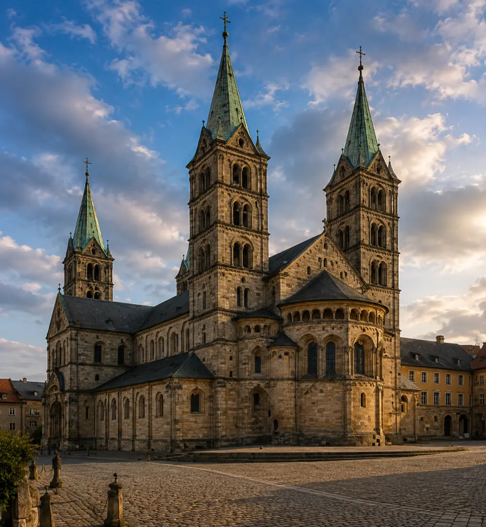 Bamberger Dom katedrali dört kulesiyle gün batımında