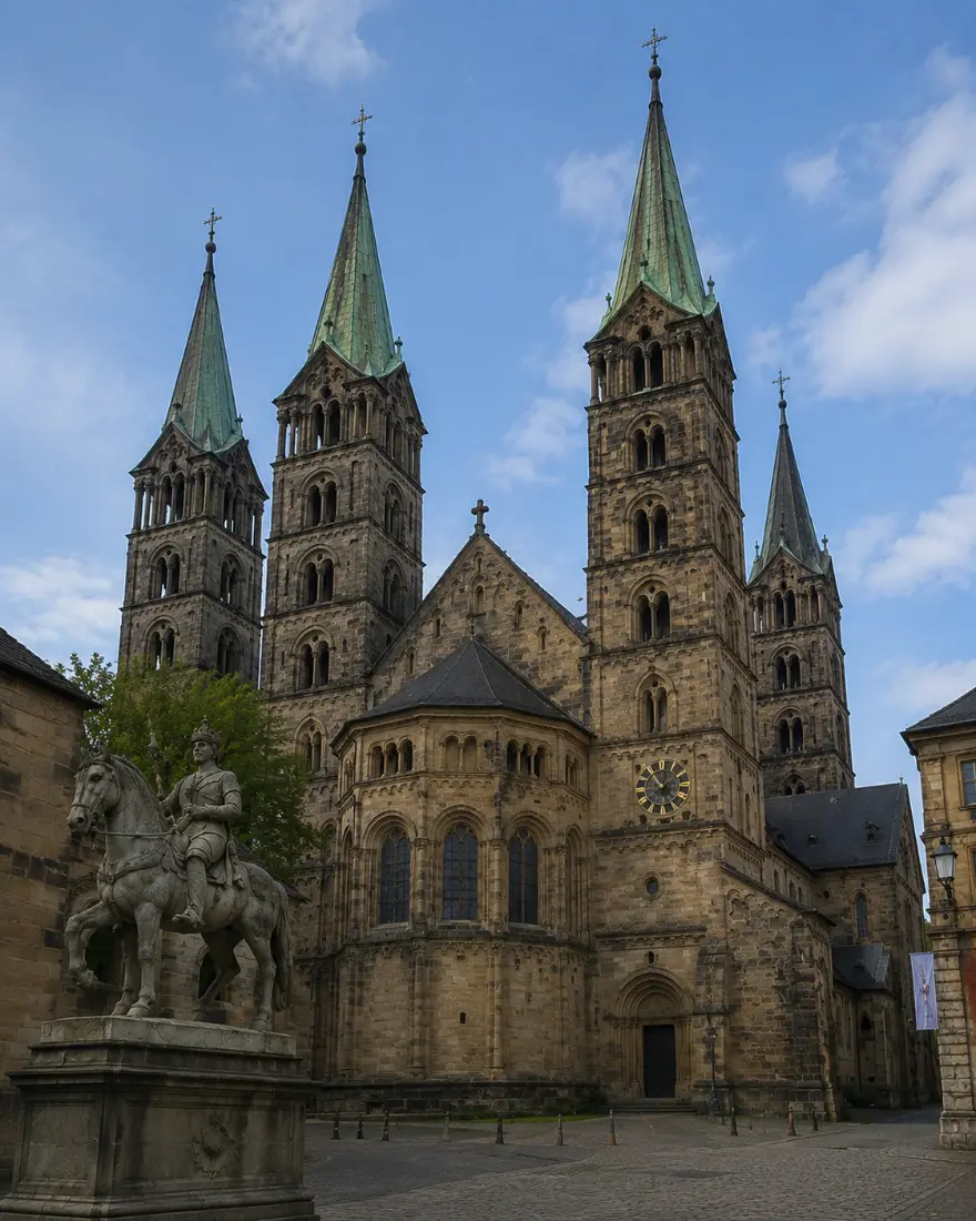 Bamberger Dom önündeki atlı heykel ve katedralin dört kulesi