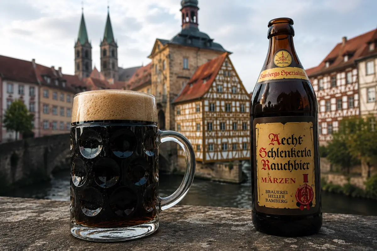 Aecht Schlenkerla Rauchbier dumanlı bira bardağı, arkada Bamberg eski belediyesi