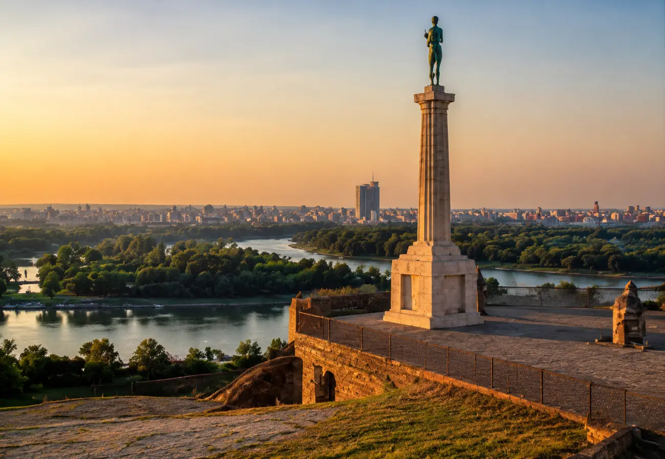 Kalemegdan Kalesi'ndeki Pobednik Anıtı ve Sava-Tuna nehirlerinin buluştuğu manzara