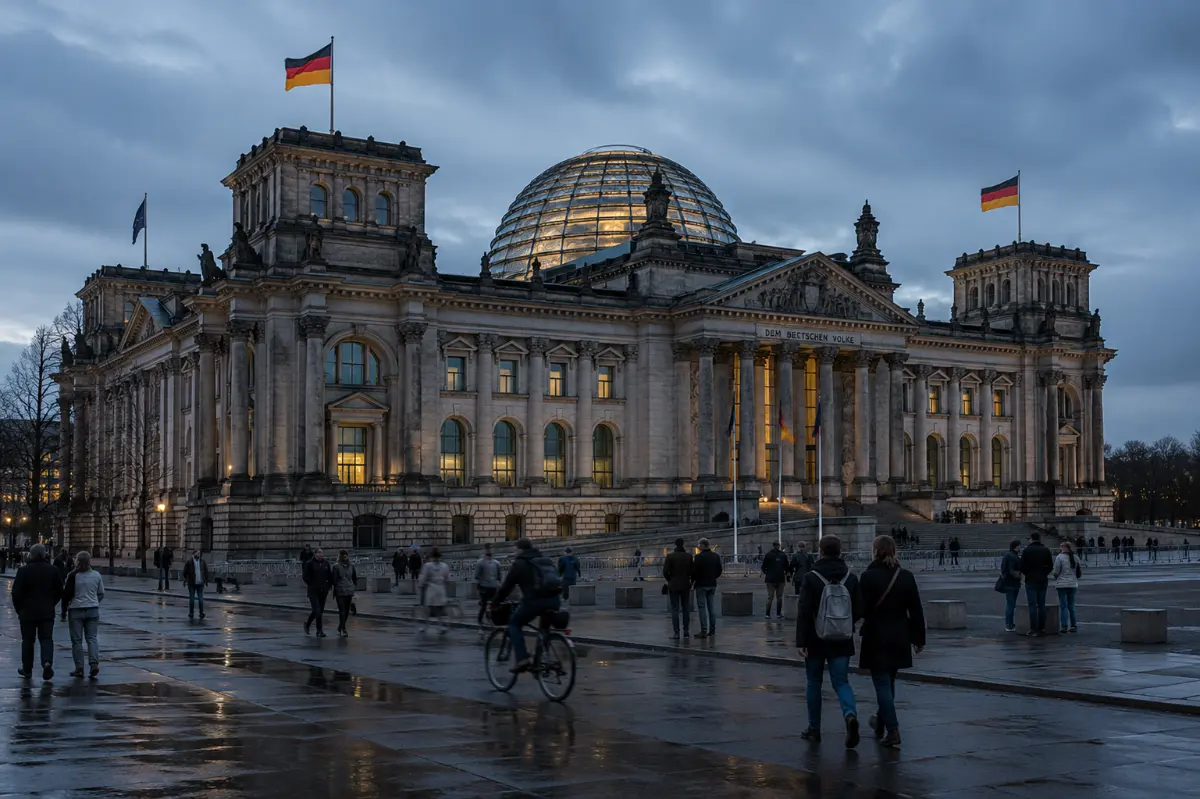 Reichstag cam kubbe Alman bayrağı gece