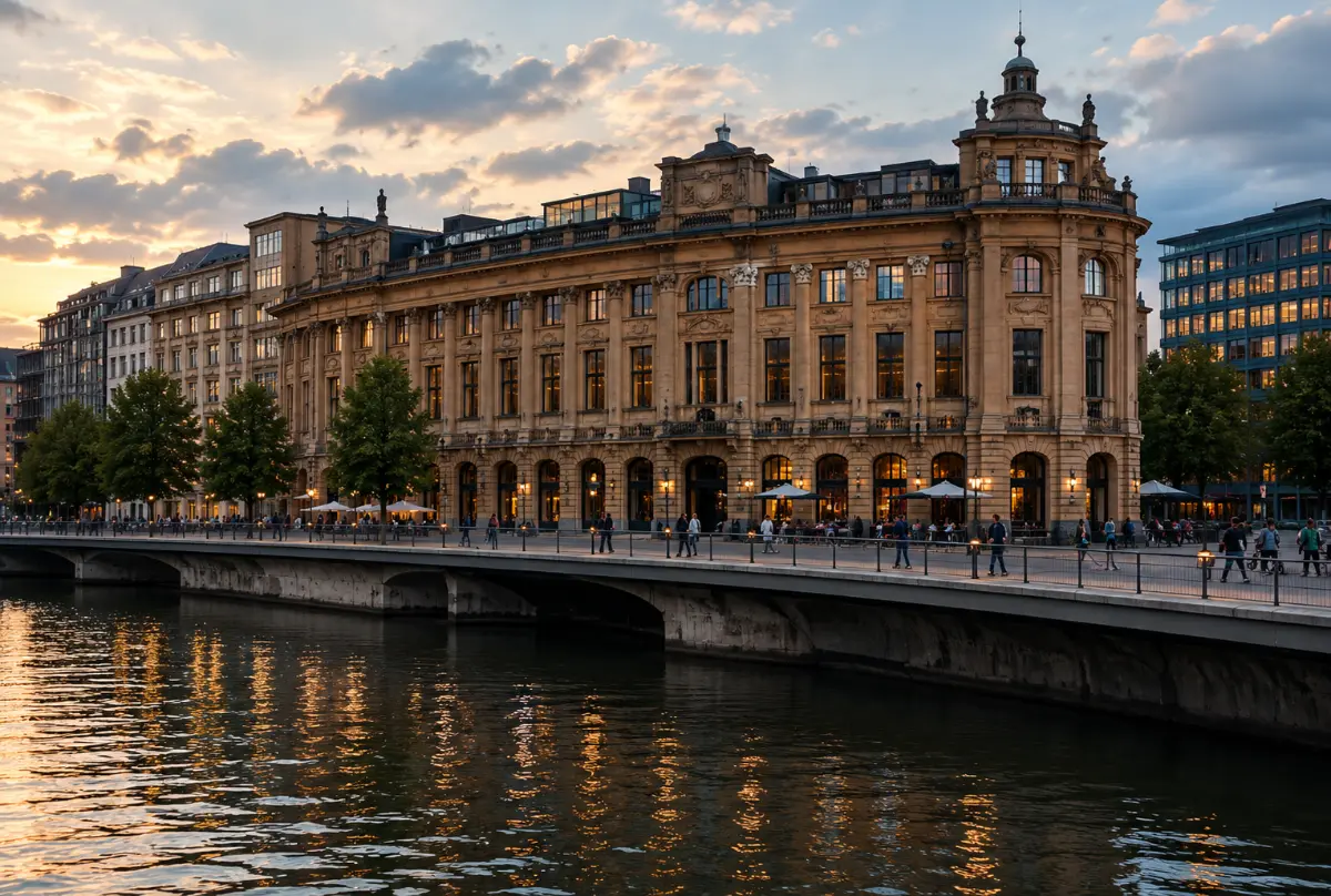 Berlin Spree nehri tarihi bina gün batımı
