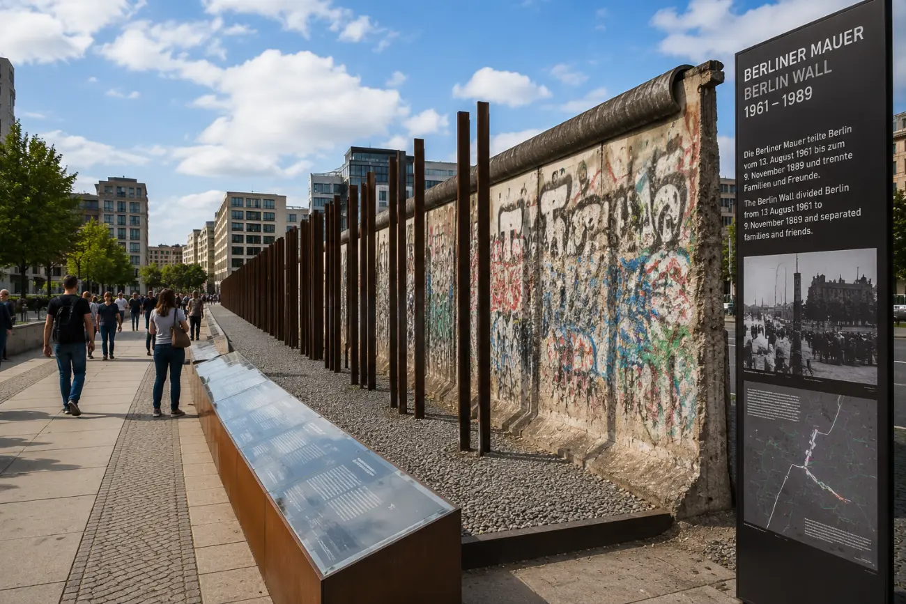 Gedenkstätte Berliner Mauer'de duvar parçası, çelik çubuk anıtlar ve arka planda nöbet kulesi