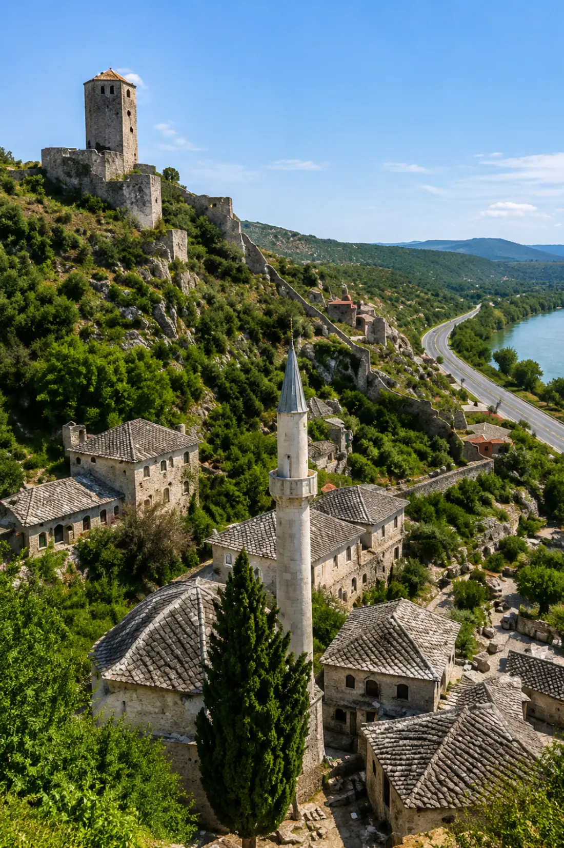 Počitelj tarihi kasabası: tepedeki Gavrankapetanović kulesi, Šišman İbrahim Paşa Camii minaresi ve Neretva Nehri