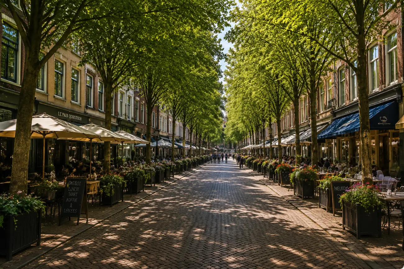 Centrum bölgesinde ağaçlı, kafe ve restoranlarla dolu taş döşeli bir sokak
