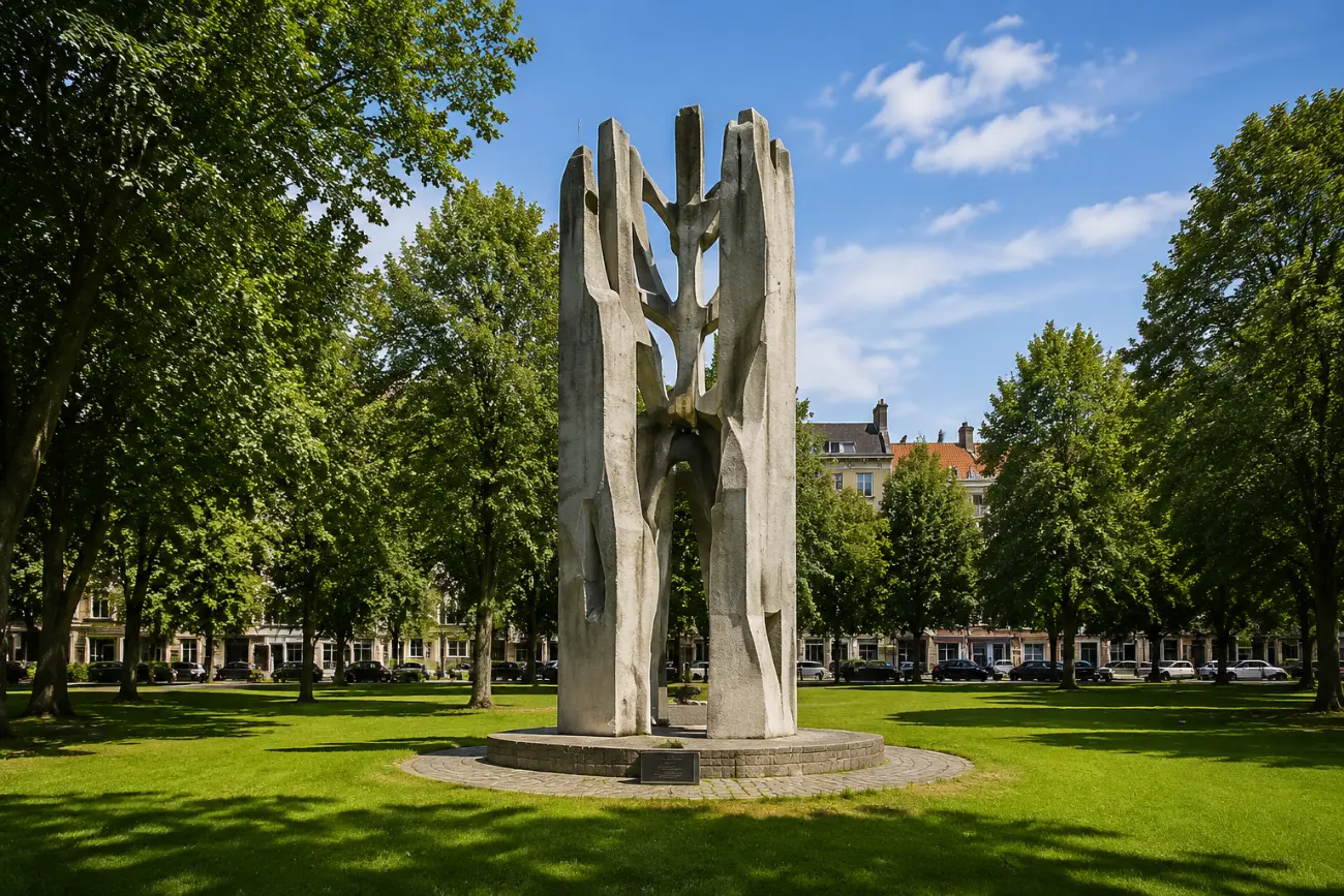 Den Haag'da bir şehir meydanındaki modern heykel, çevresinde 19. yüzyıl sıra evler