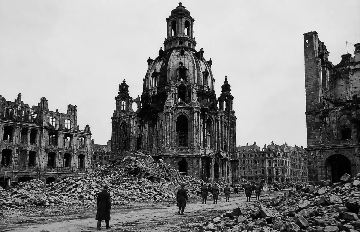 Frauenkirche 1945 harabeleri siyah beyaz