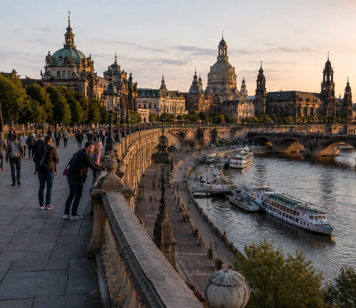 Dresden Elbe nehri kıyısı gün batımı Frauenkirche