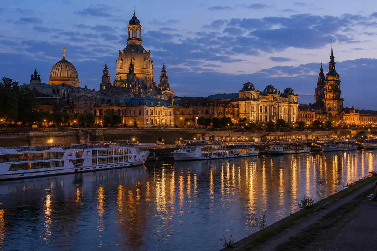 Dresden Elbe gece manzarası ışıklar yansıma