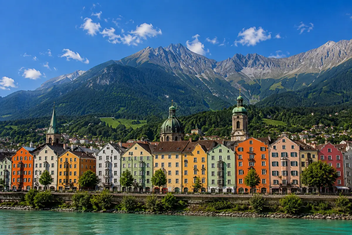 Innsbruck Inn nehri kıyısı renkli evler Alpler