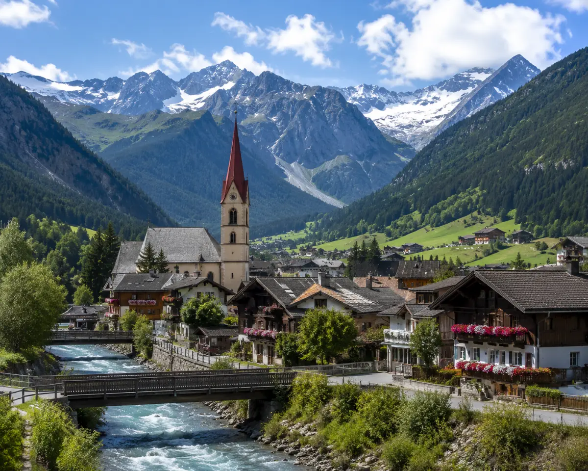 Tirol köyü nehir kilise kar dağlar