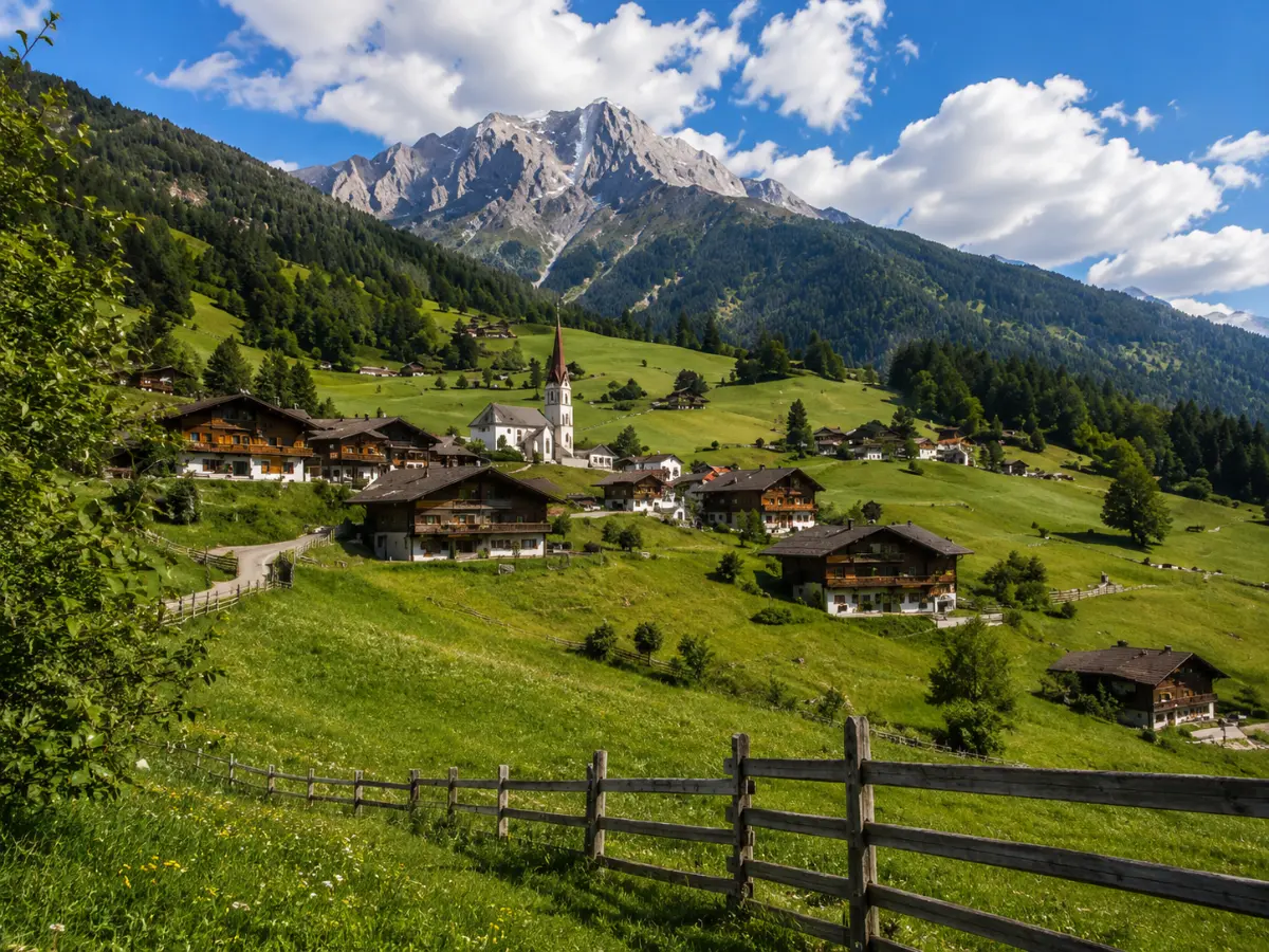 Tirol yeşil vadi ahşap evler Alpler