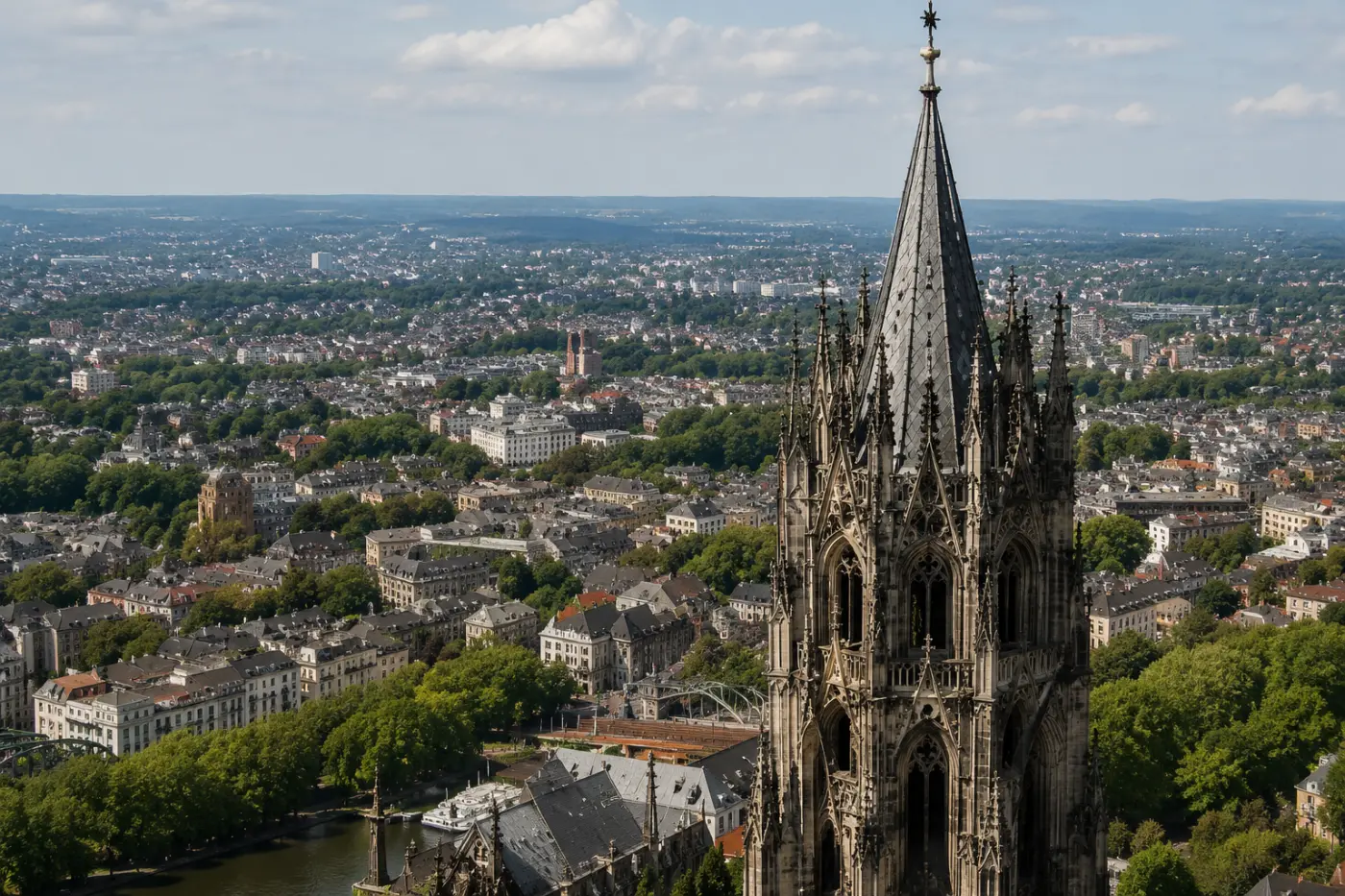 Köln Katedrali kulesinden şehir panoraması ve Ren Nehri manzarası