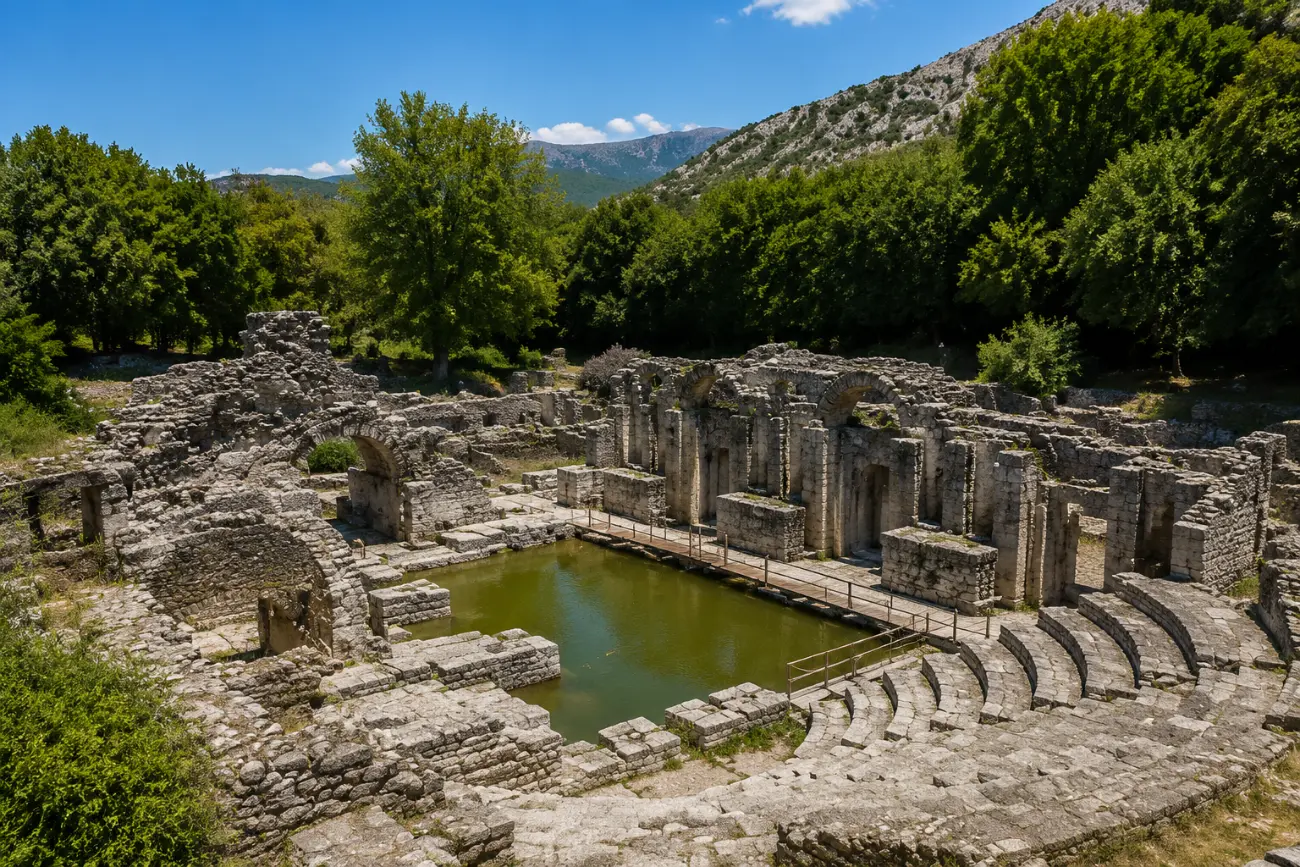Butrint Antik Kenti'nde Roma dönemi kalıntıları, amfitiyatro ve gölet