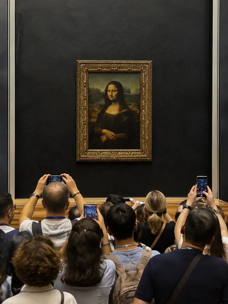 Mona Lisa tablosu önünde ziyaretçi kalabalığı, Louvre