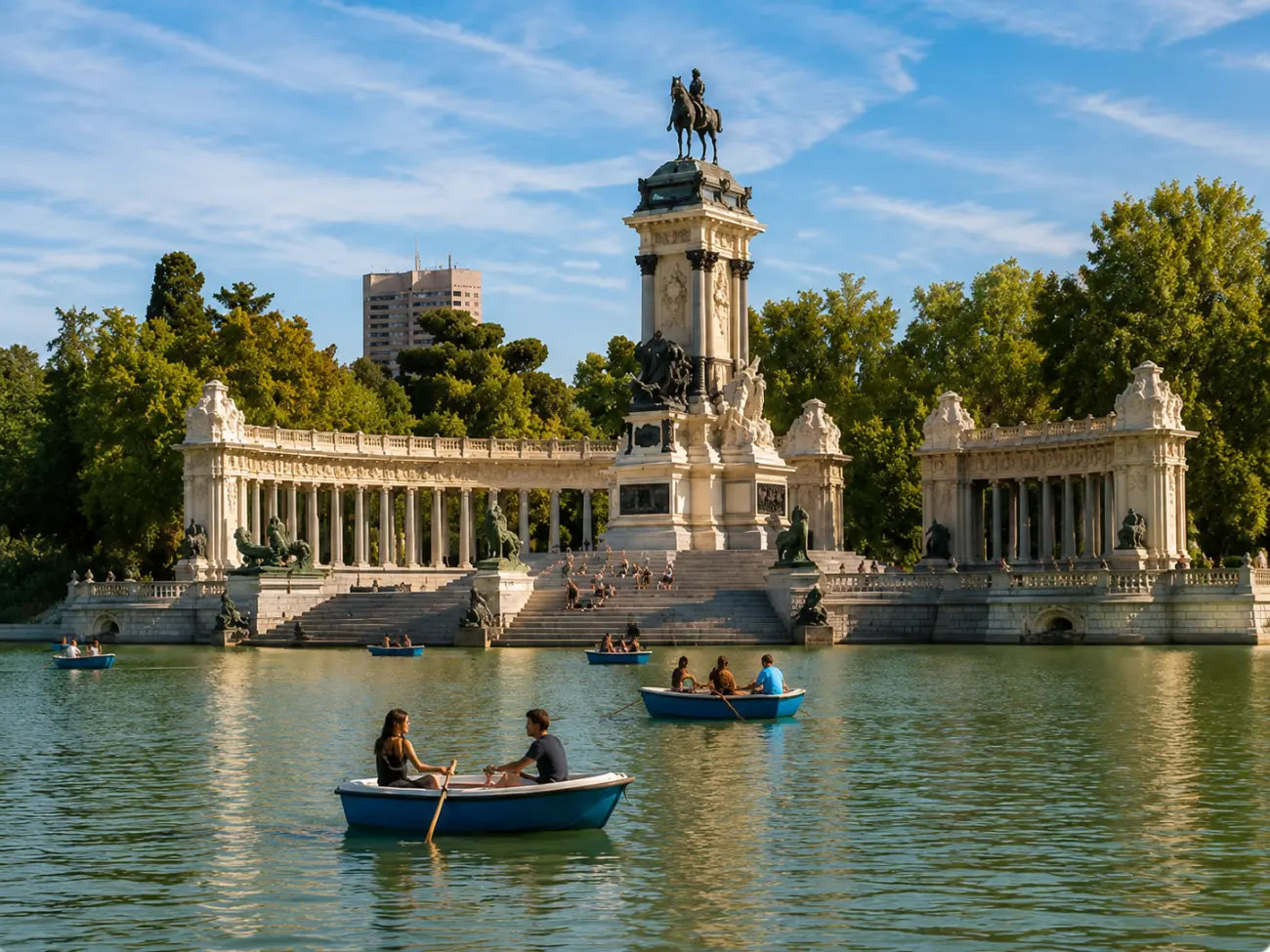 Retiro Parkı gölünde kayık kiralayan ziyaretçiler, arka planda Alfonso XII Anıtı ve sütunlu galeri