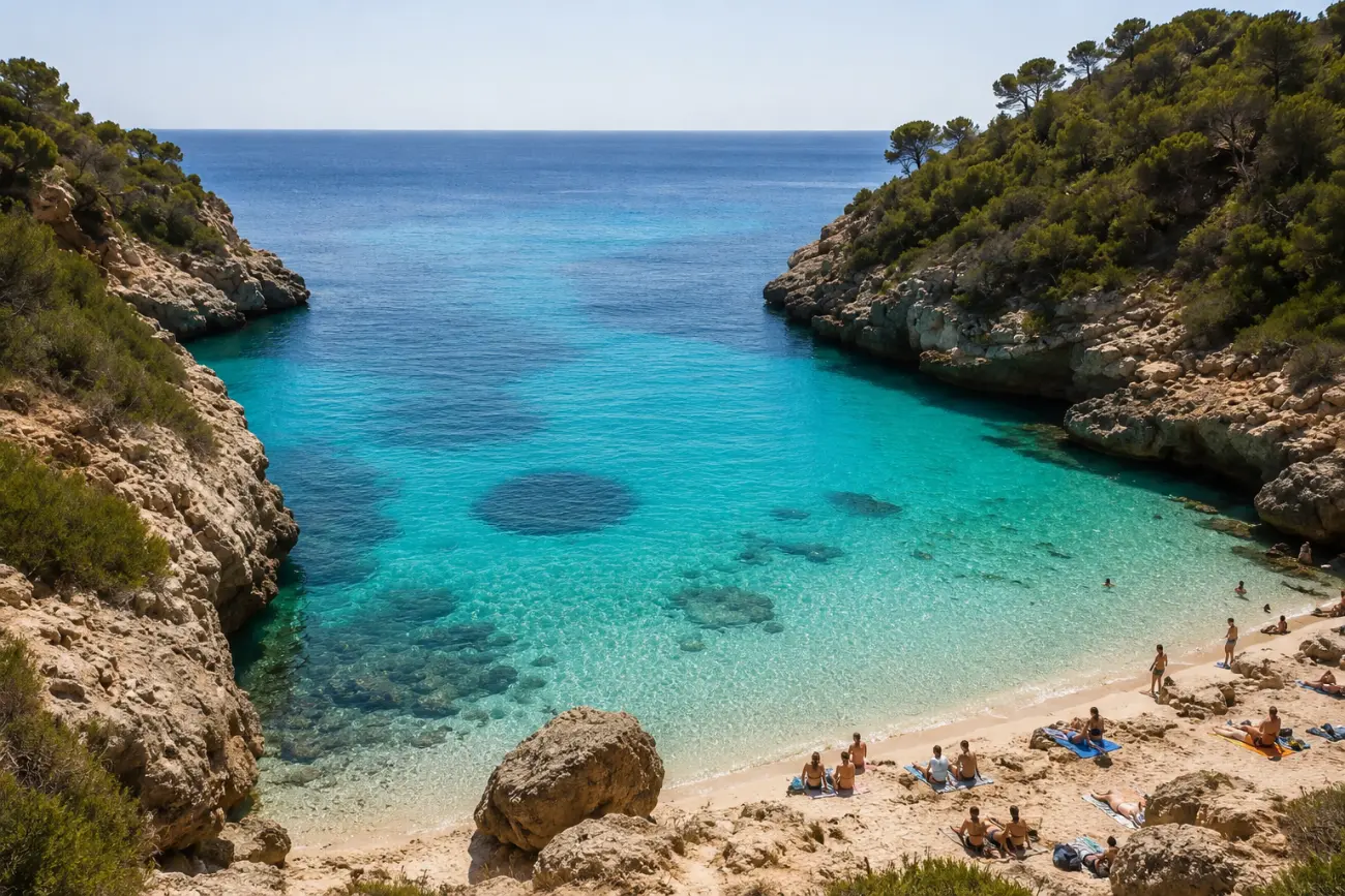 Caló des Moro koyunda turkuaz deniz ve beyaz kumsal