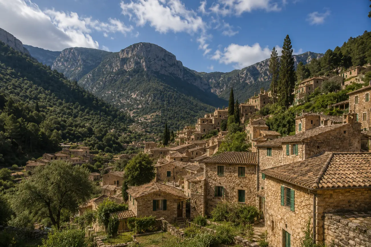 Serra de Tramuntana dağlarında taş evli bir dağ köyü, Deià