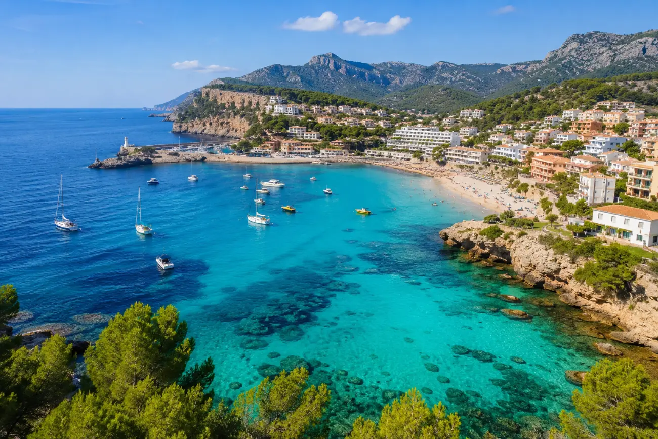 Port de Sóller koyunun kuş bakışı görünümü, tekneler ve turkuaz deniz