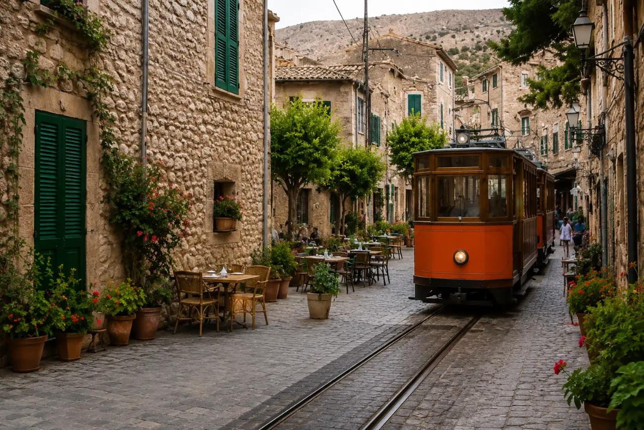 Sóller'in tarihi ahşap tramvayı, dar sokaklarda ilerlerken