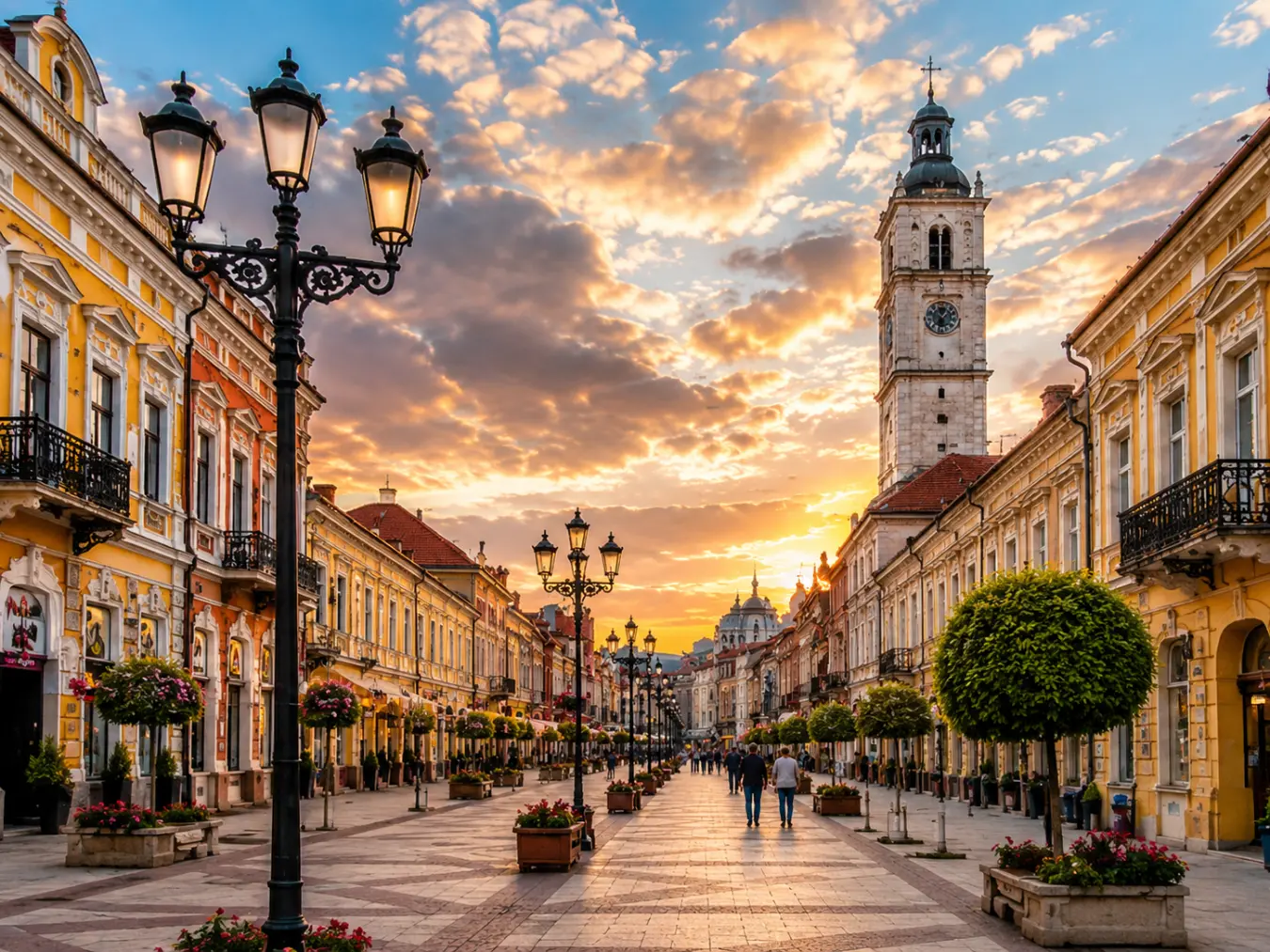 Bitola Şirok Sokak akşam saatinde Saat Kulesi silüeti
