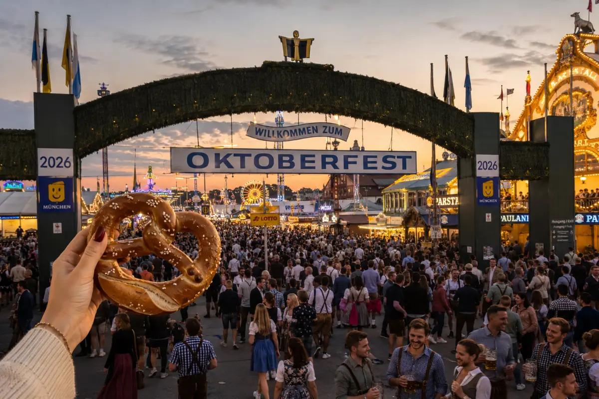 Oktoberfest 2026 giriş kapısı pretzel Münih