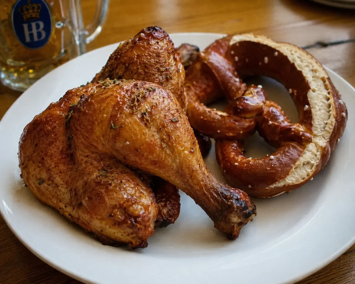 Oktoberfest Hähnchen kızarmış tavuk ve brezel