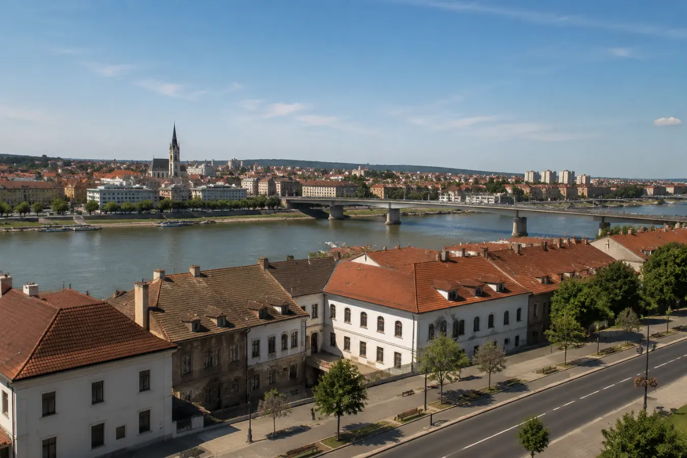 Petrovaradin tarafından Tuna nehri ve Novi Sad şehir panoraması