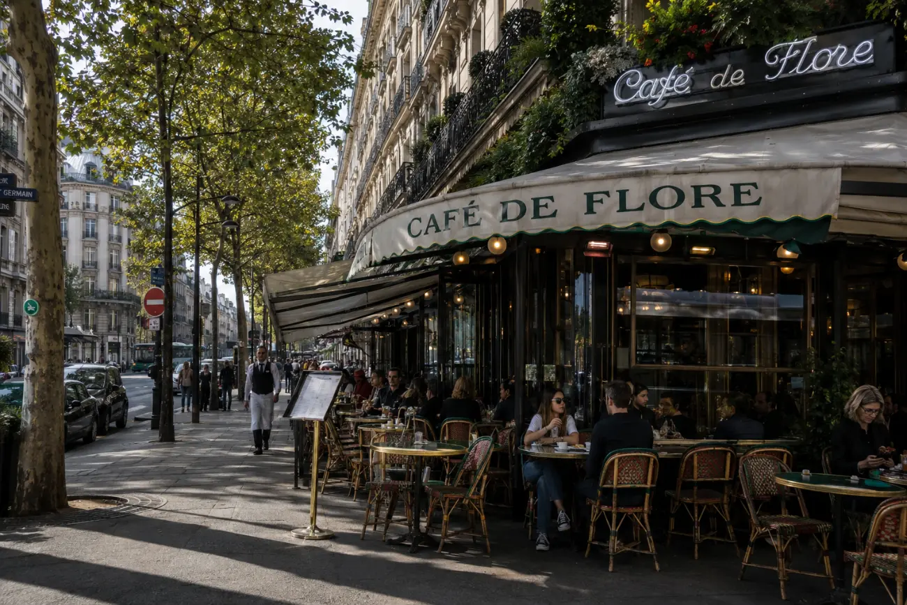 Café de Flore'un tarihi cephesi ve teras masaları, Saint-Germain-des-Prés, Paris