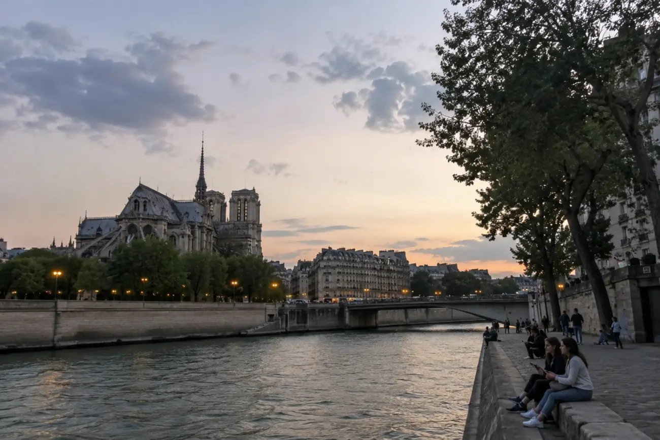 Notre-Dame Katedrali'nin Seine Nehri kıyısından gün batımında görünümü, Paris