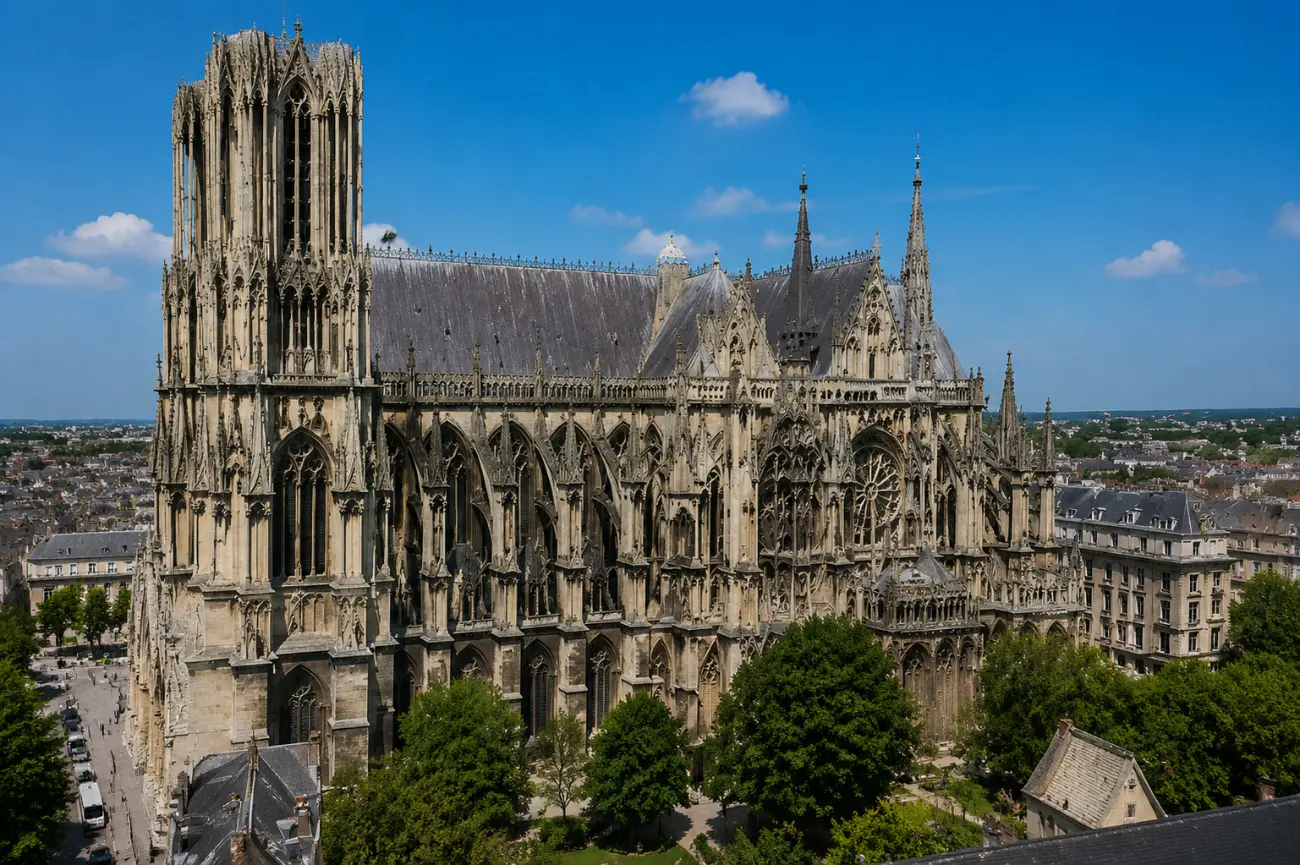 Reims Katedrali'nin havadan görünümü, uçan payandalar ve transept gül penceresi