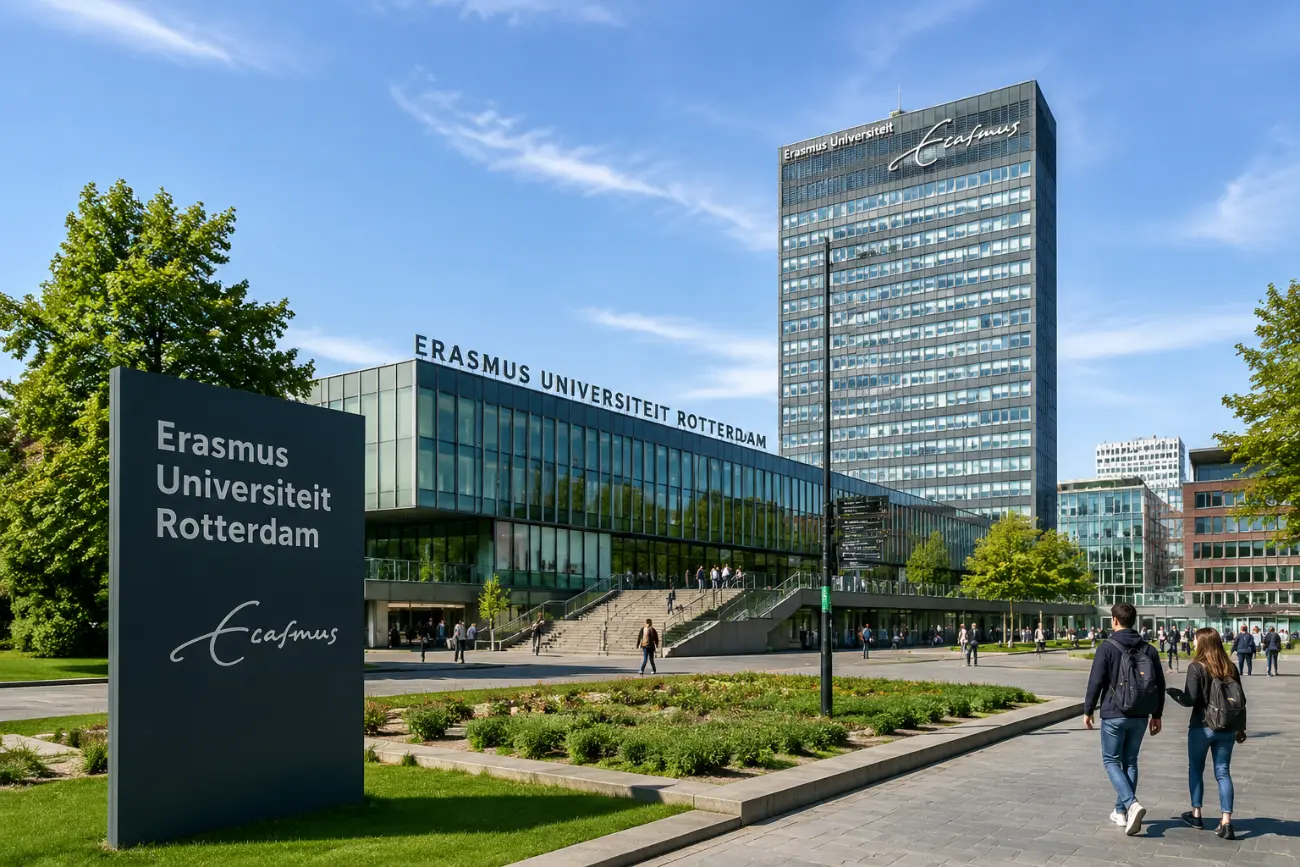 Erasmus Universiteit Rotterdam tabelası ve arkasındaki kule binası