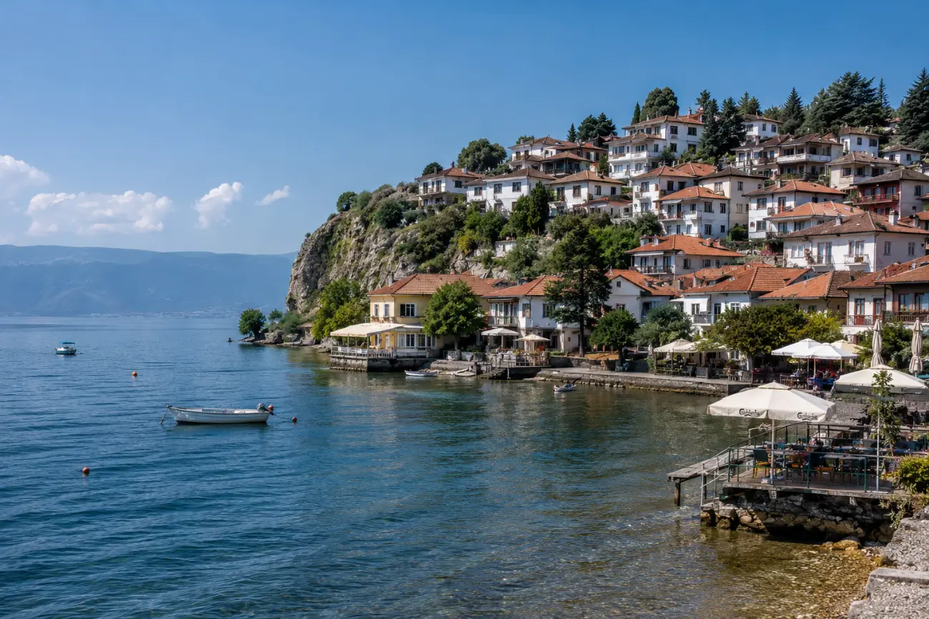 Ohrid Gölü kıyısındaki promenad: geleneksel evler, tekneler ve göl manzarası