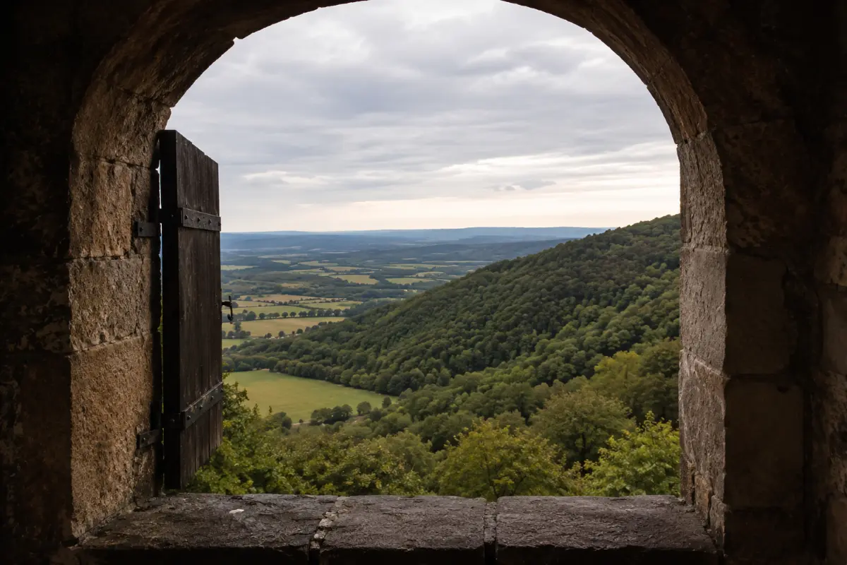 Wartburg Kalesi penceresinden Türingen vadisi manzarası