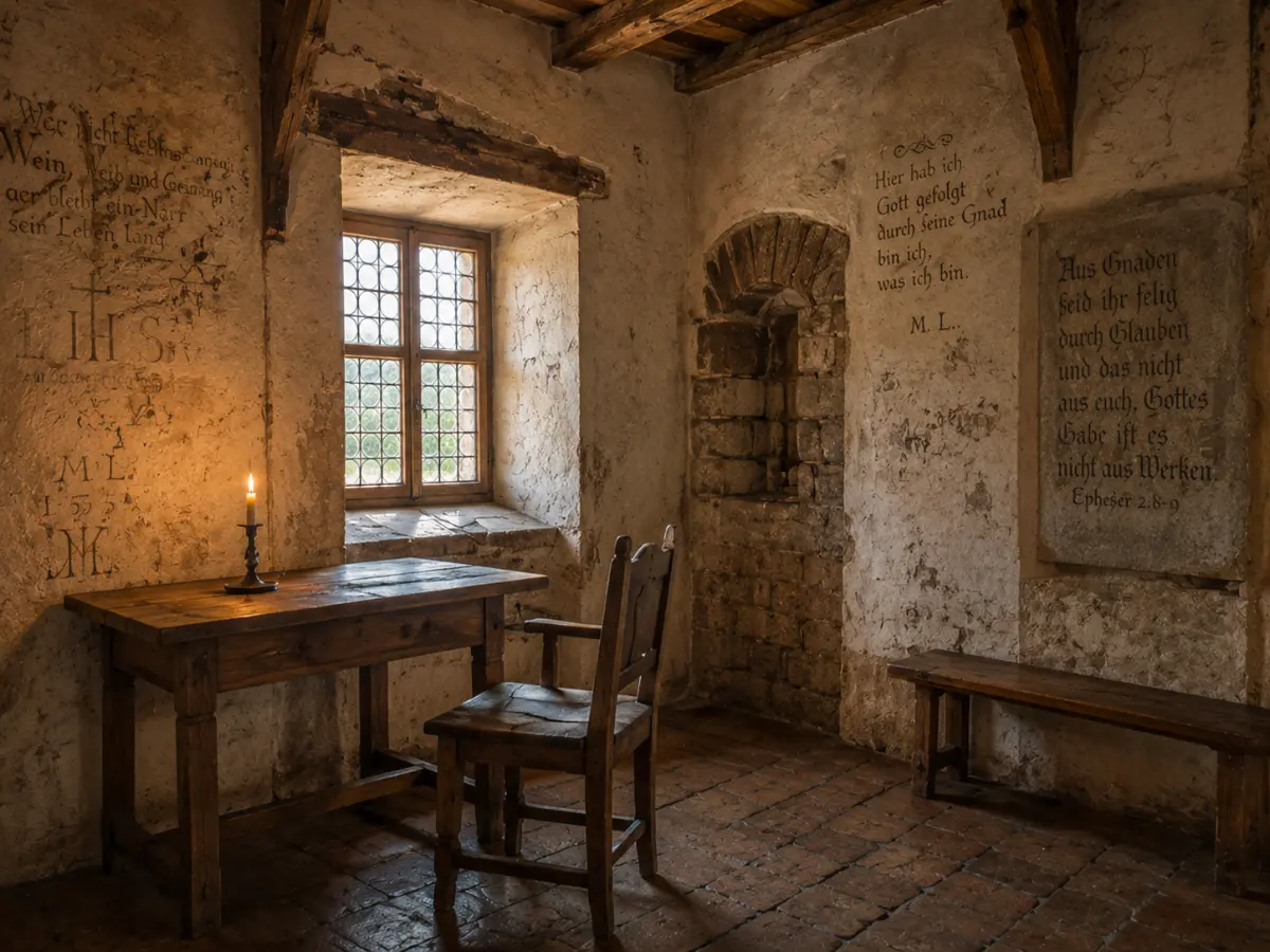Wartburg Kalesi Luther Odası duvarları İncil ayetleriyle kaplı ortaçağ çalışma odası, ahşap masa ve mum