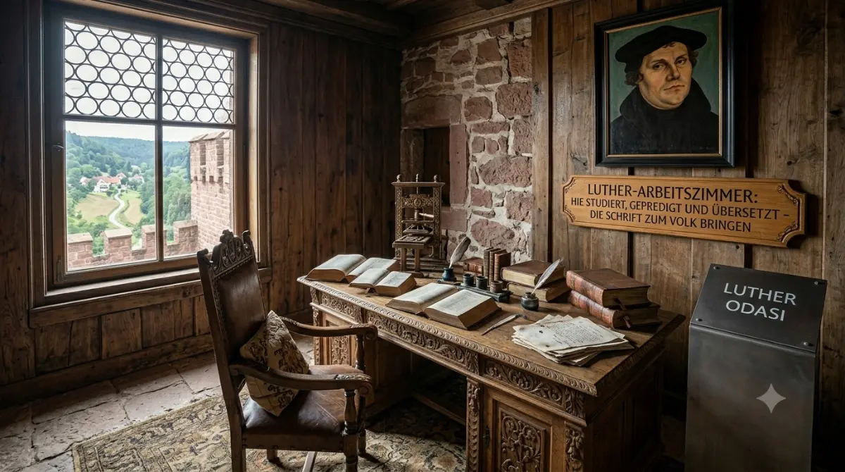 Luther'in oymalı yazı masası, açık kitaplar, tüy kalem ve duvarda Martin Luther portresi